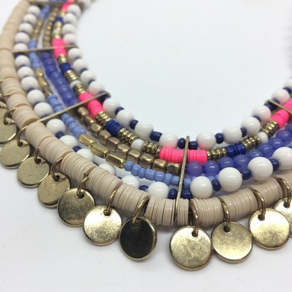 3/$30 HOT PINK BLUE SEQUIN BEAD COIN BIB STATEMENT BOHO TRIBAL NECKLACE COLORFUL - Picture 8 of 16